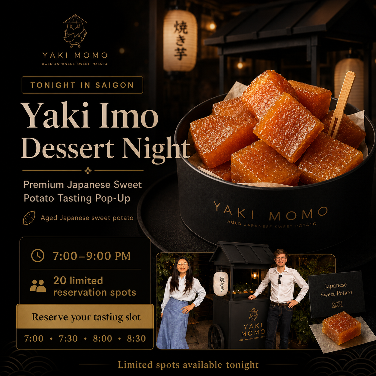 Yaki Momo dessert night poster with roasted sweet potato pieces
